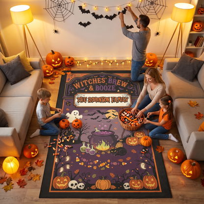 Family enjoying the Personalized Halloween Witches' Brew And Booze Cauldron Rug at a Halloween party