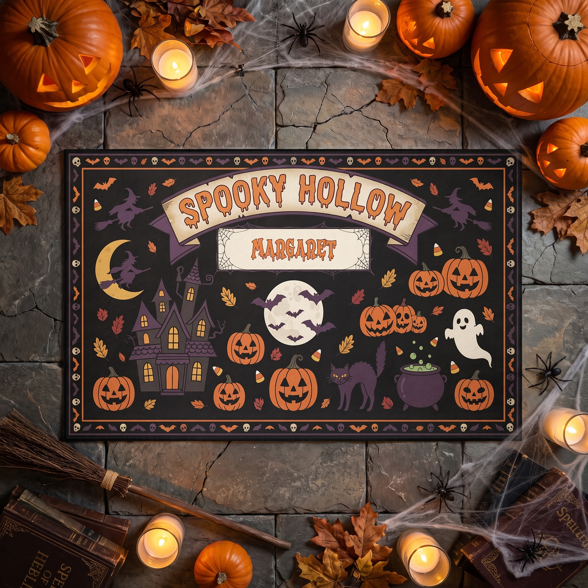 Personalized Halloween Spooky Hollow Full Moon Haunted House Rug with custom name, styled on a wood floor with pumpkins