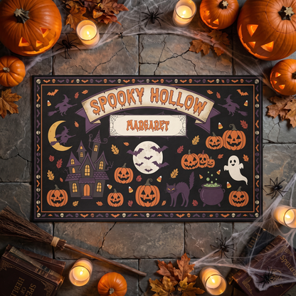 Personalized Halloween Spooky Hollow Full Moon Haunted House Rug with custom name, styled on a wood floor with pumpkins