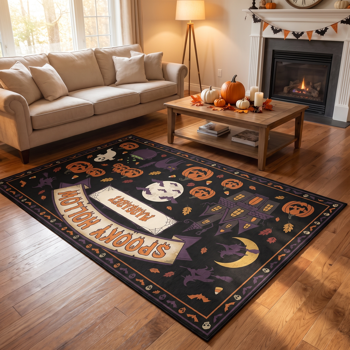 Personalized Halloween Spooky Hollow Full Moon Haunted House Rug in a cozy living room