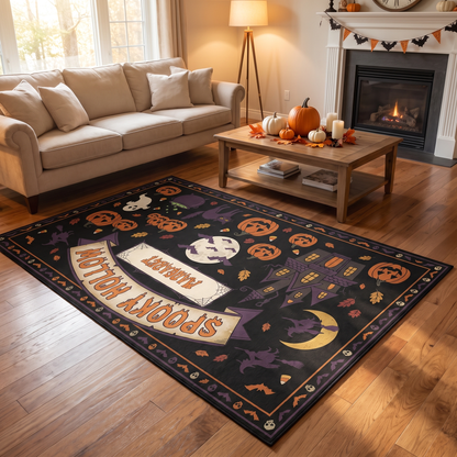Personalized Halloween Spooky Hollow Full Moon Haunted House Rug in a cozy living room