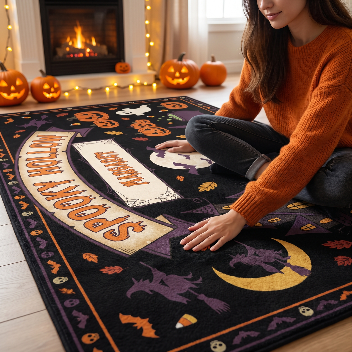 Soft velvet surface of the Personalized Halloween Spooky Hollow Full Moon Haunted House Rug