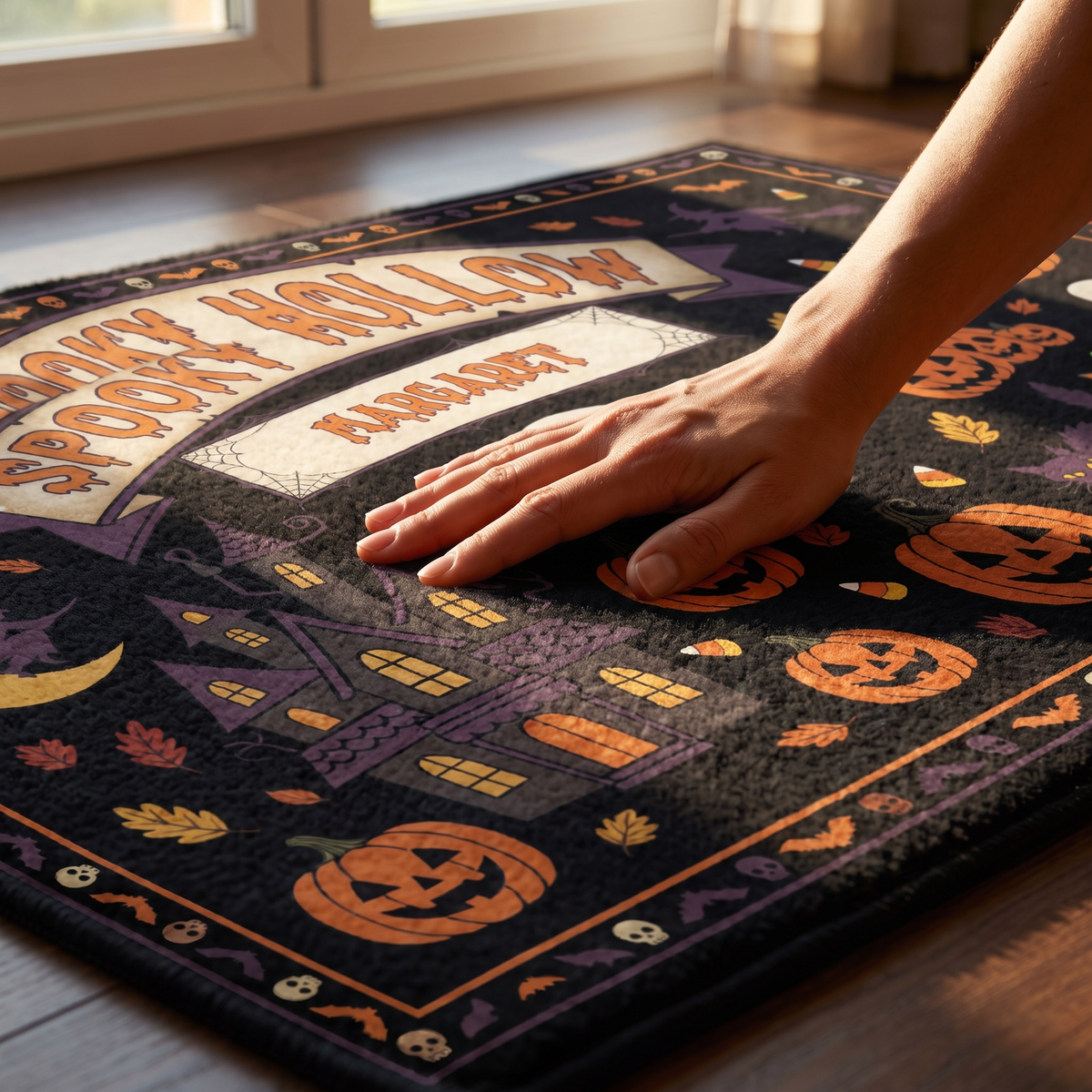 Close up of the Personalized Halloween Spooky Hollow Full Moon Haunted House Rug print