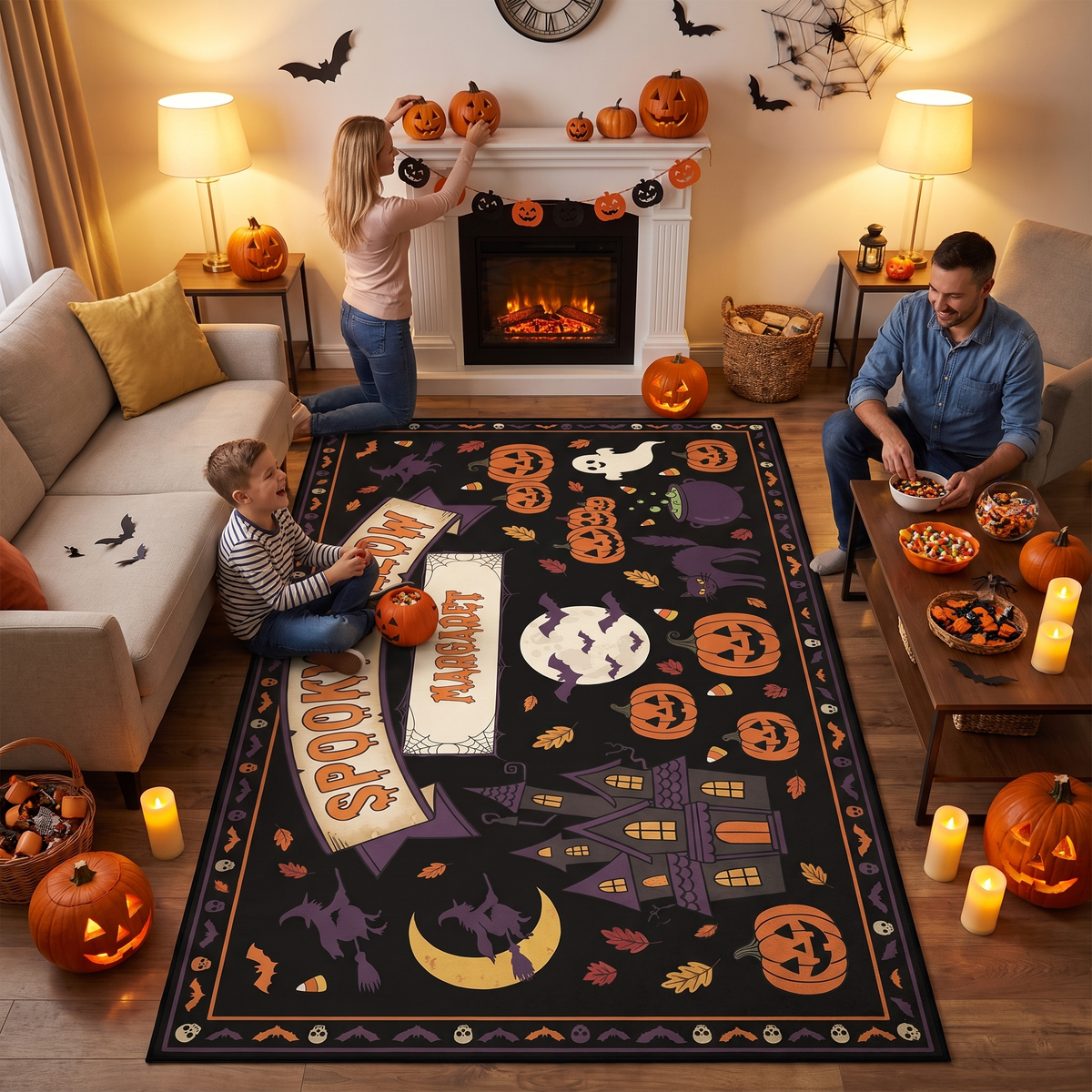 Family enjoying the Personalized Halloween Spooky Hollow Full Moon Haunted House Rug at a Halloween party