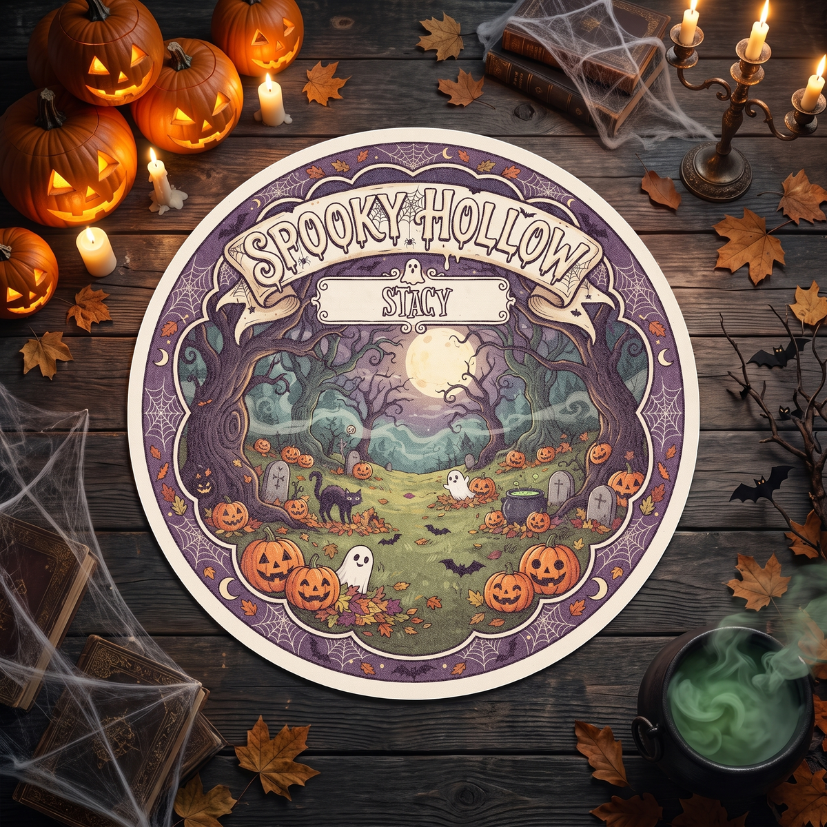 Personalized Halloween Spooky Hollow Full Moon Pumpkin Field Round Rug with custom name, styled on a wood floor with pumpkins