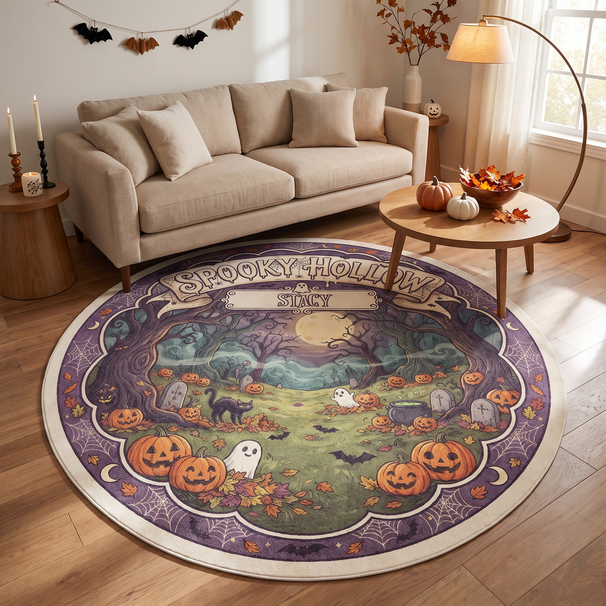 Personalized Halloween Spooky Hollow Full Moon Pumpkin Field Round Rug, view 2