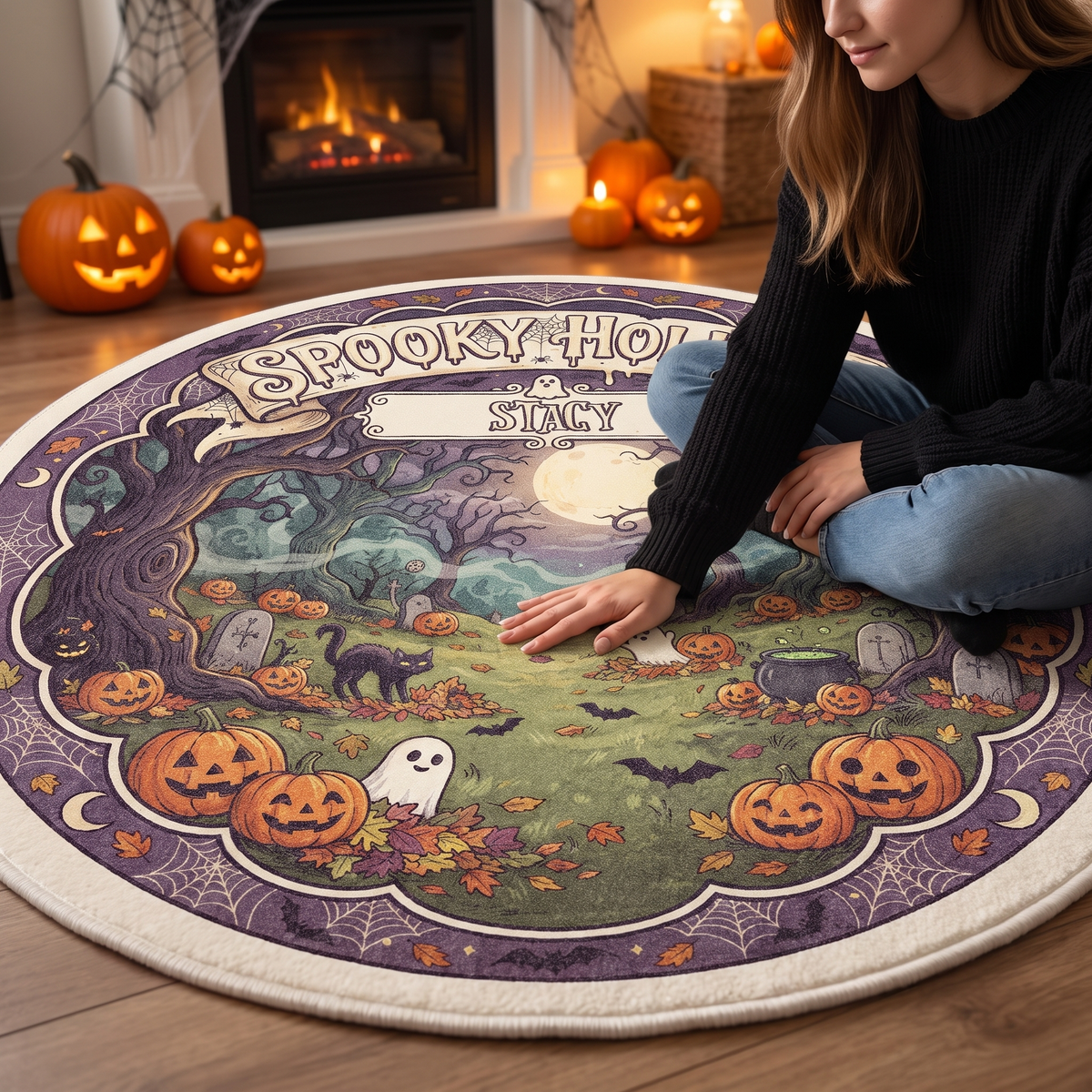 Personalized Halloween Spooky Hollow Full Moon Pumpkin Field Round Rug, view 3
