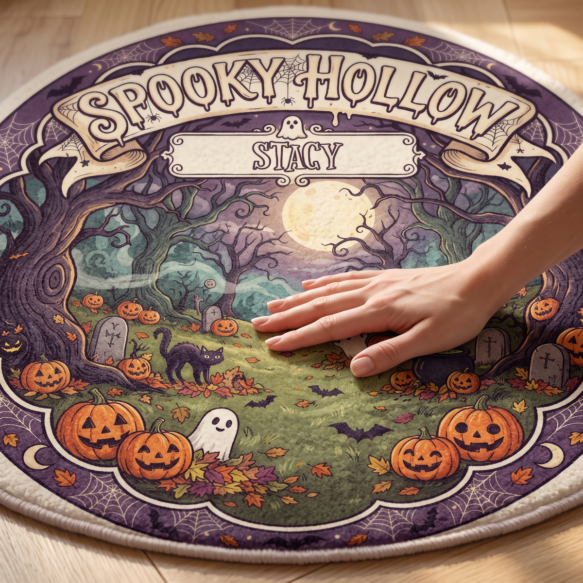 Personalized Halloween Spooky Hollow Full Moon Pumpkin Field Round Rug, view 4
