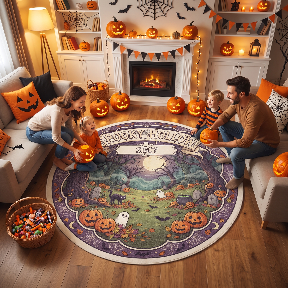 Personalized Halloween Spooky Hollow Full Moon Pumpkin Field Round Rug, view 5