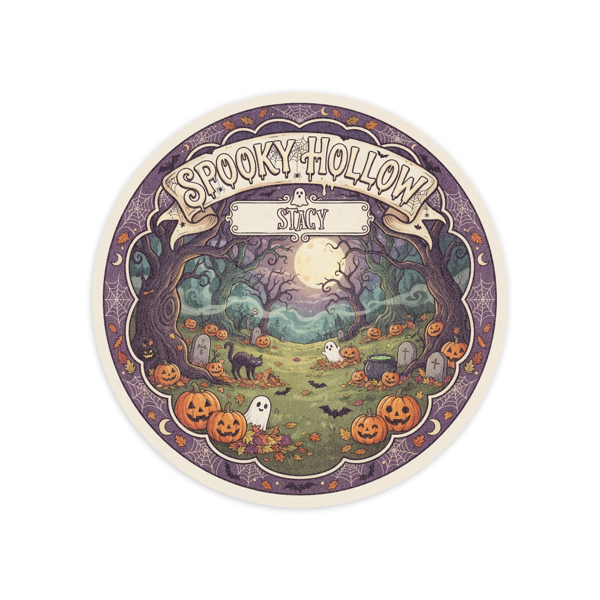 Personalized Halloween Spooky Hollow Full Moon Pumpkin Field Round Rug full design view