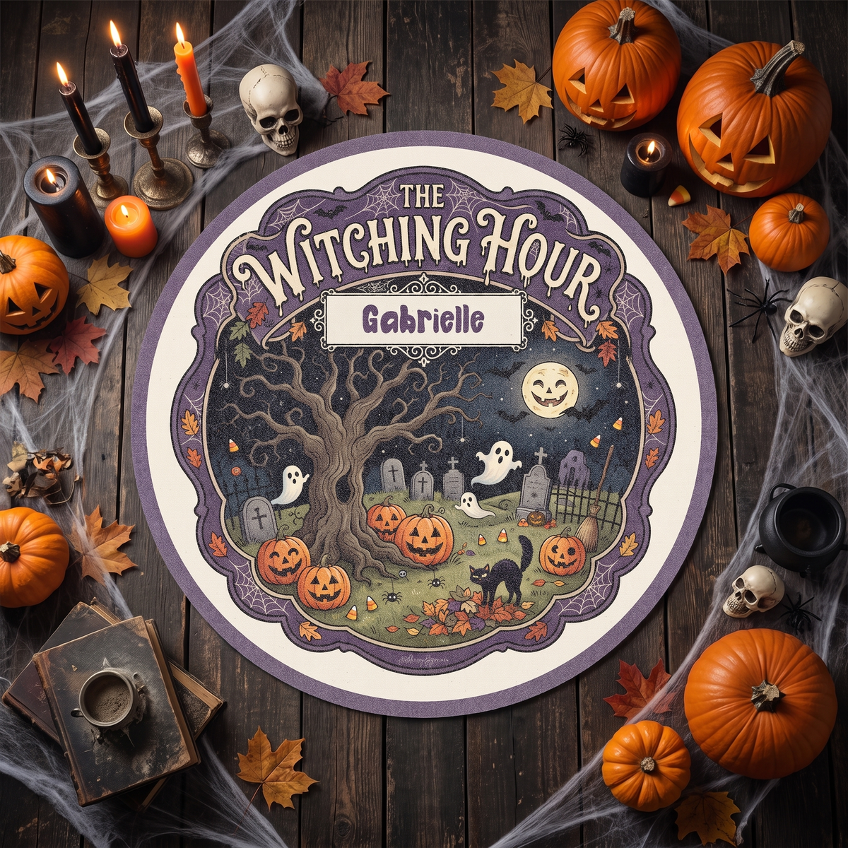 Personalized Halloween The Witching Hour Spooky Tree Round Rug with custom name, styled on a wood floor with pumpkins