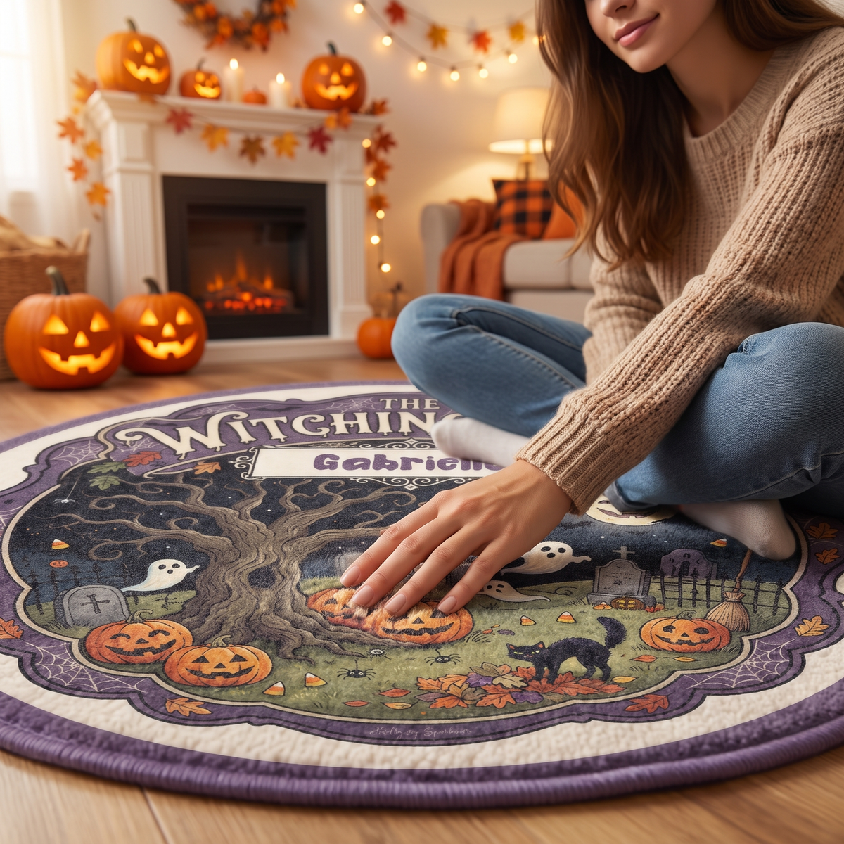 Personalized Halloween The Witching Hour Spooky Tree Round Rug, view 3