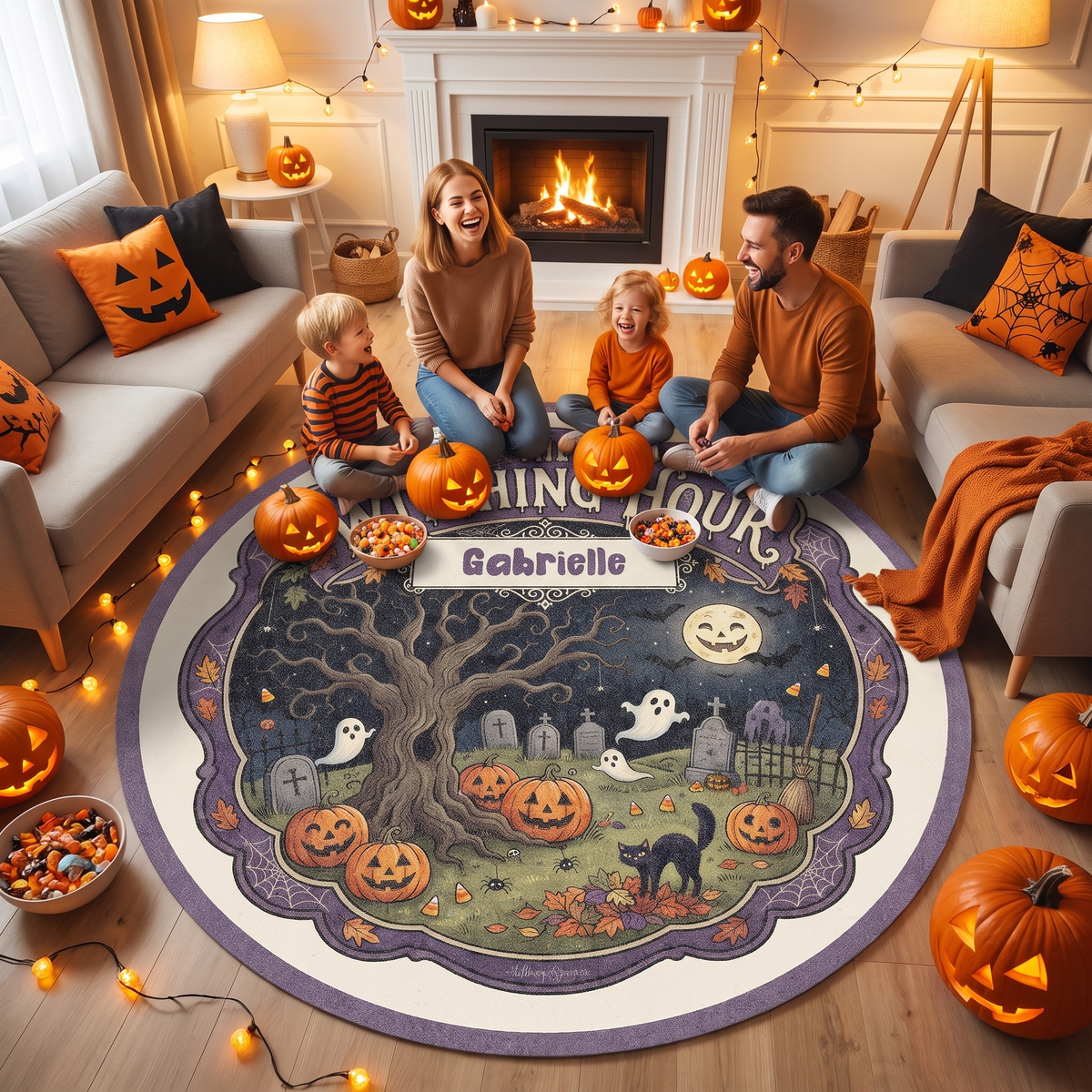 Personalized Halloween The Witching Hour Spooky Tree Round Rug, view 5