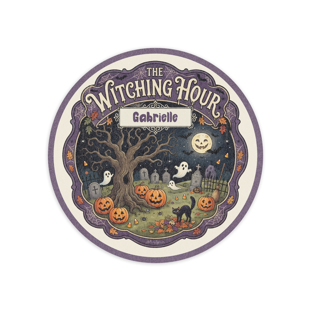 Personalized Halloween The Witching Hour Spooky Tree Round Rug full design view