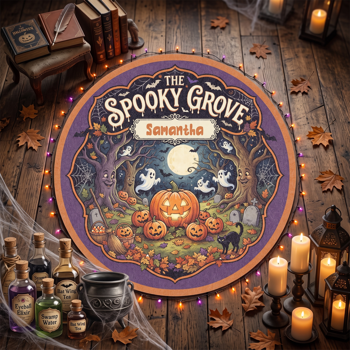Personalized Halloween The Spooky Grove Ghost Pumpkin Round Rug with custom name, styled on a wood floor with pumpkins