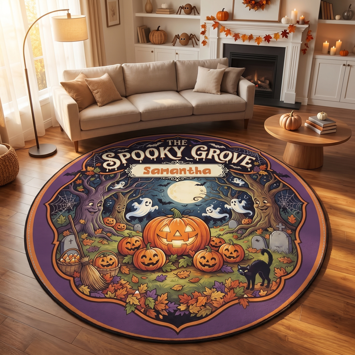 Personalized Halloween The Spooky Grove Ghost Pumpkin Round Rug, view 2