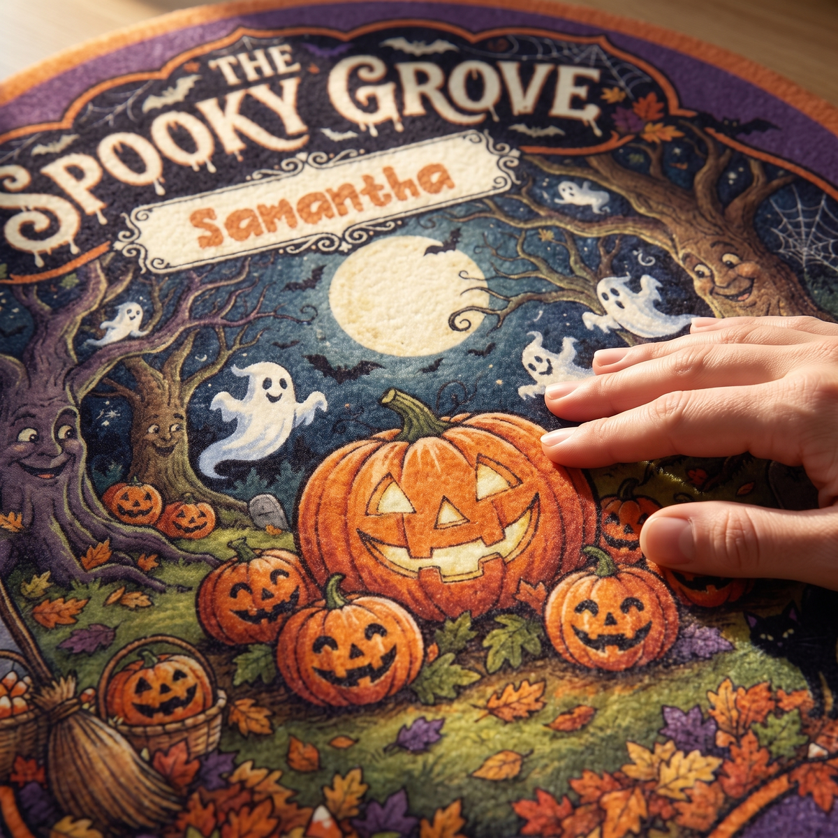 Personalized Halloween The Spooky Grove Ghost Pumpkin Round Rug, view 4