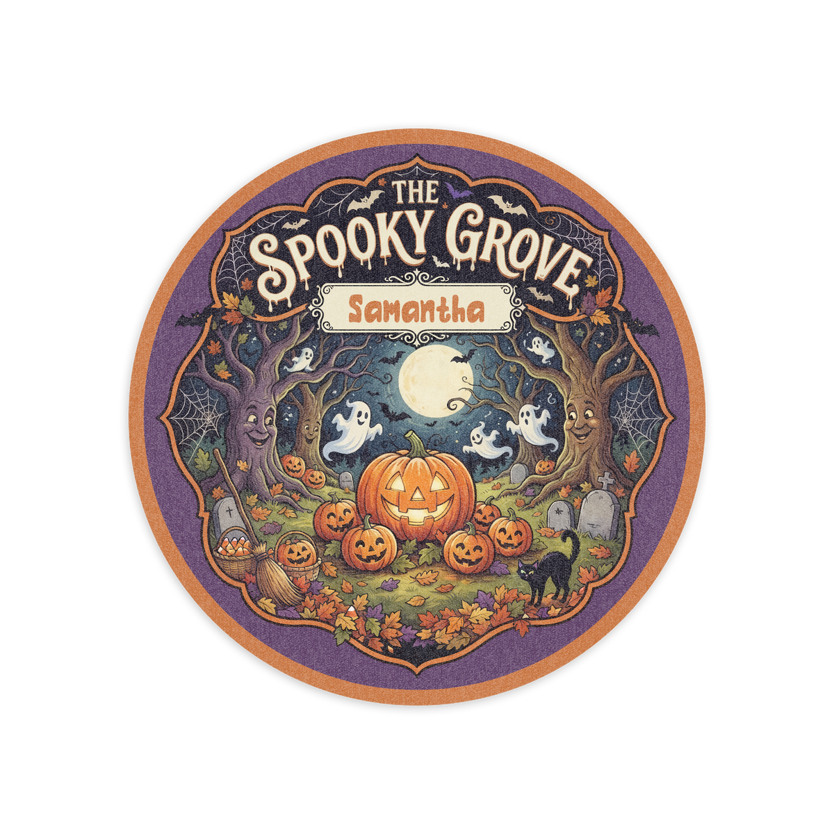 Personalized Halloween The Spooky Grove Ghost Pumpkin Round Rug full design view