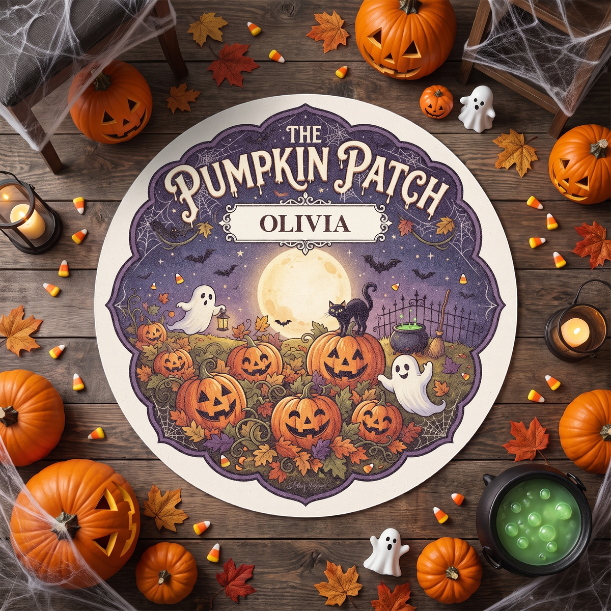 Personalized Halloween The Pumpkin Patch Ghost Black Cat Round Rug with custom name, styled on a wood floor with pumpkins
