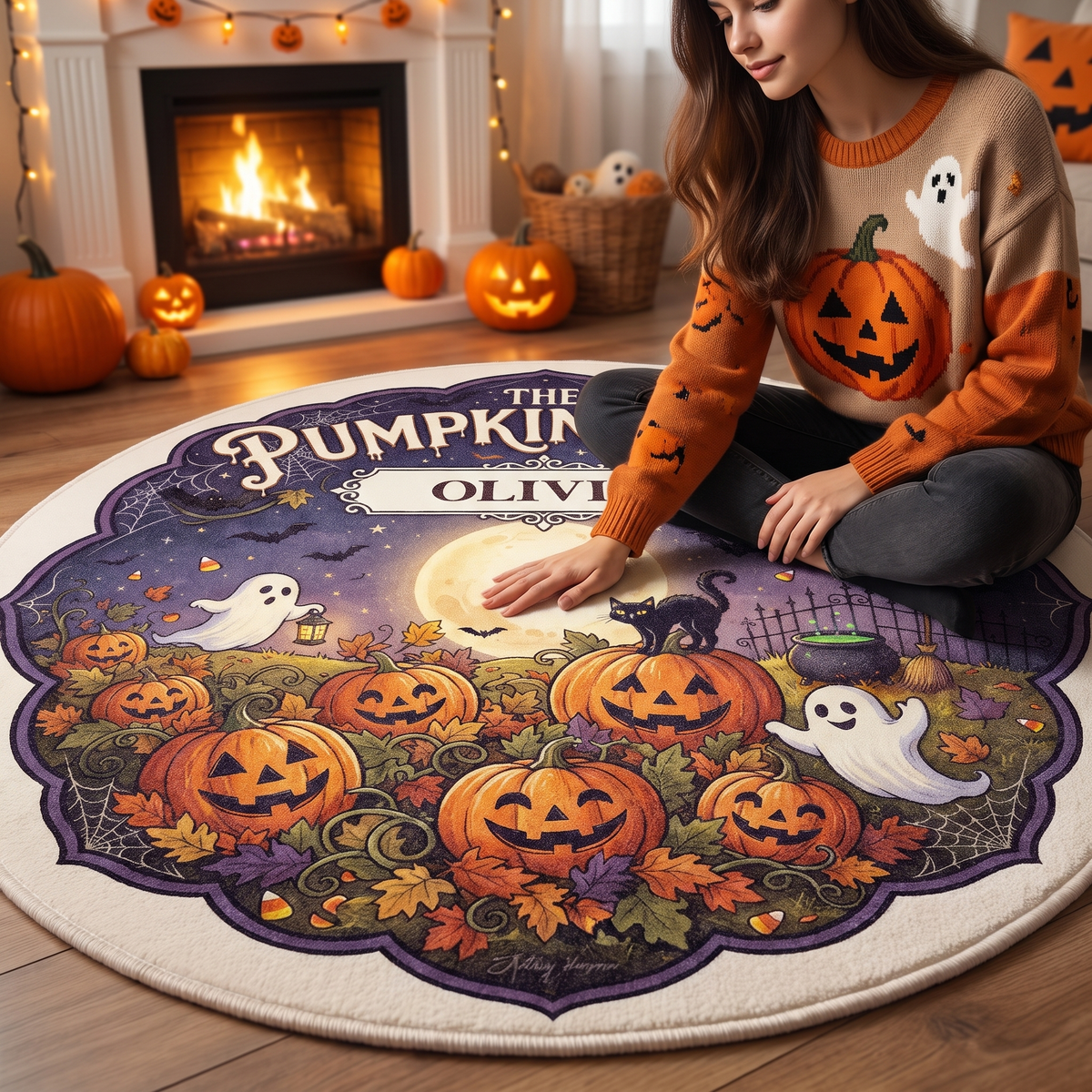 Personalized Halloween The Pumpkin Patch Ghost Black Cat Round Rug, view 3