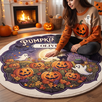 Personalized Halloween The Pumpkin Patch Ghost Black Cat Round Rug, view 3