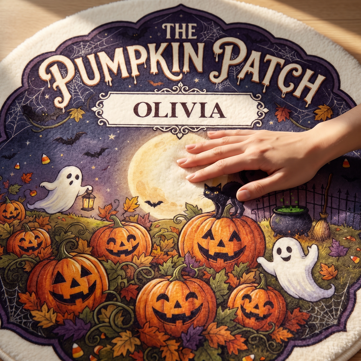 Personalized Halloween The Pumpkin Patch Ghost Black Cat Round Rug, view 4