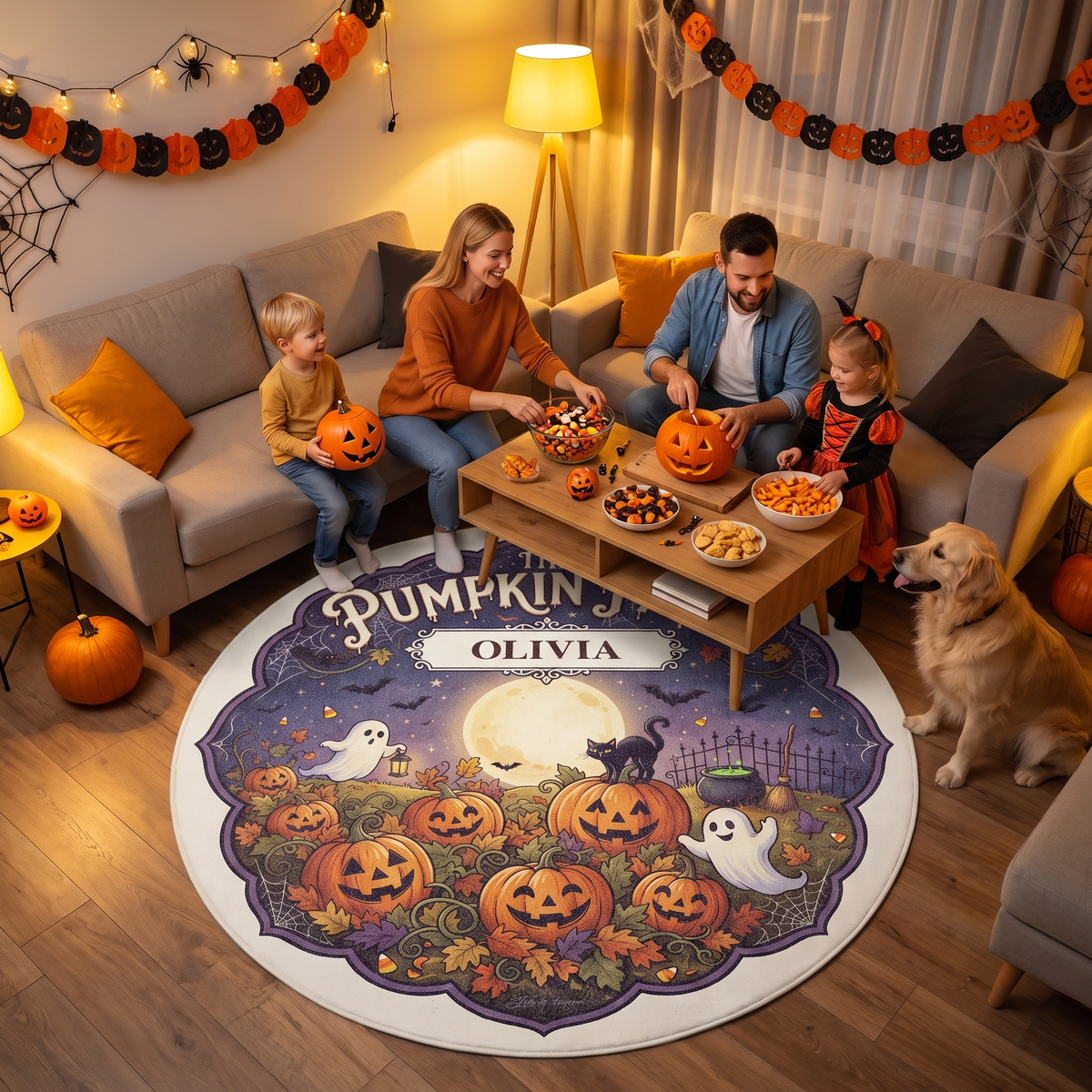Personalized Halloween The Pumpkin Patch Ghost Black Cat Round Rug, view 5