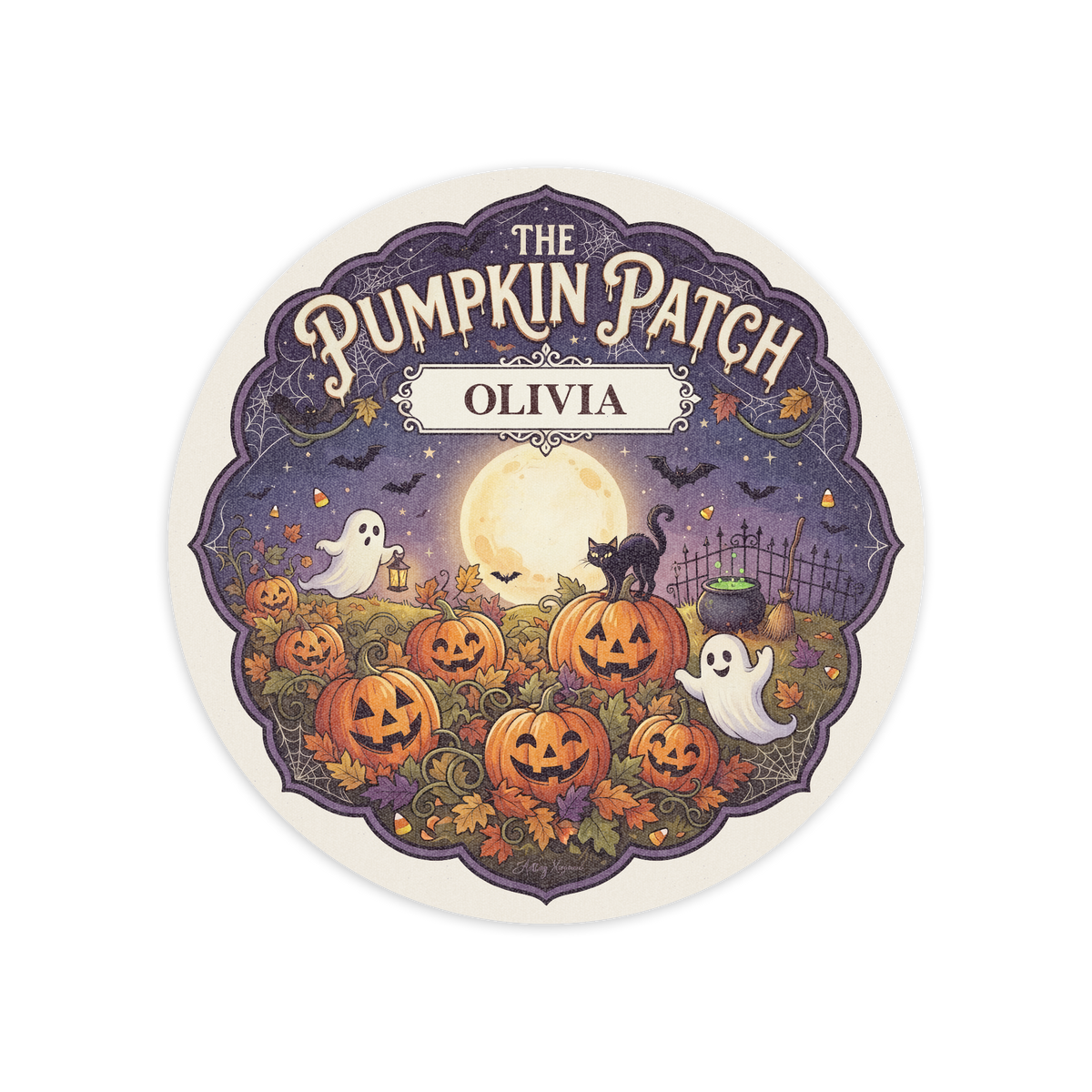Personalized Halloween The Pumpkin Patch Ghost Black Cat Round Rug full design view