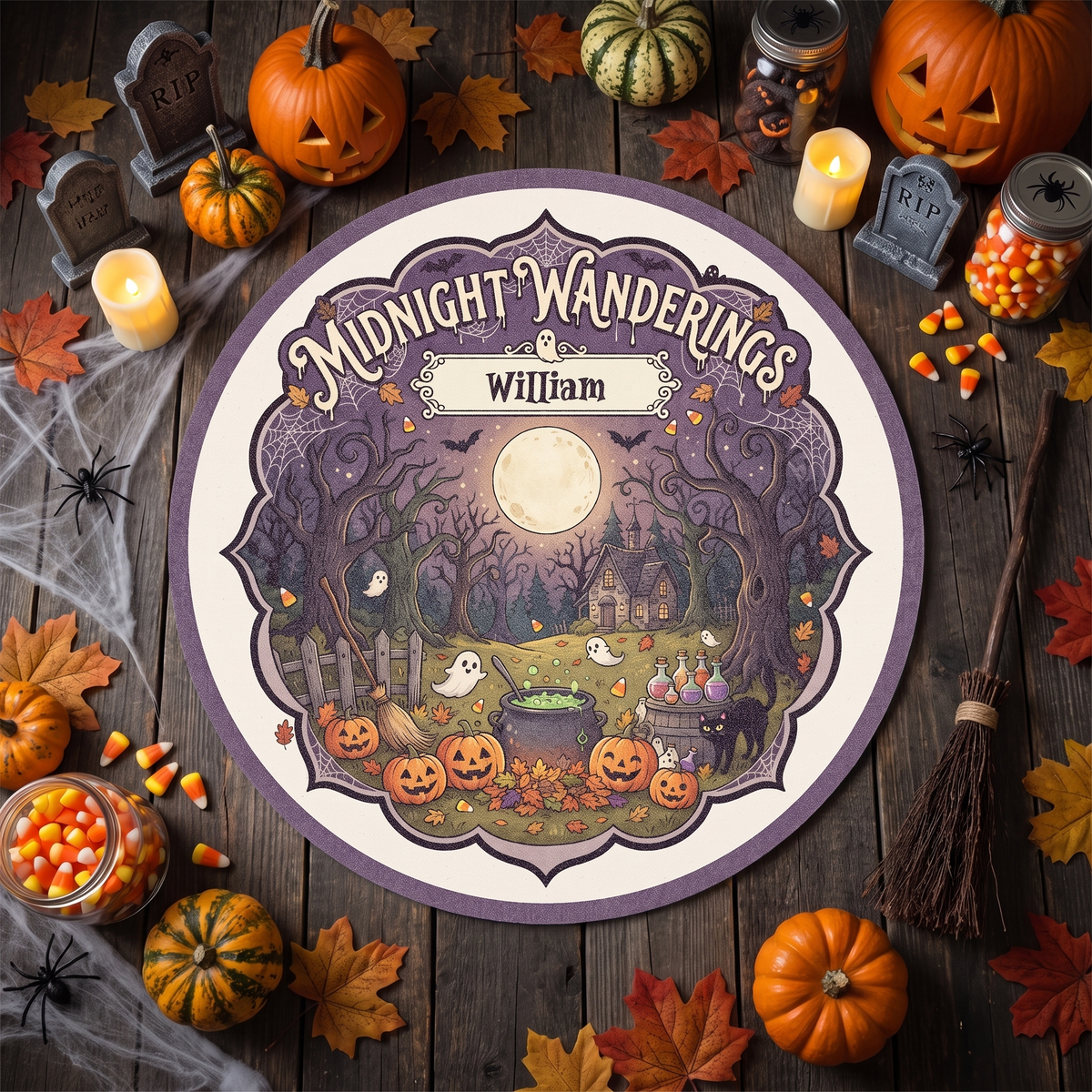 Personalized Halloween Midnight Wanderings Cauldron Pumpkin Round Rug with custom name, styled on a wood floor with pumpkins
