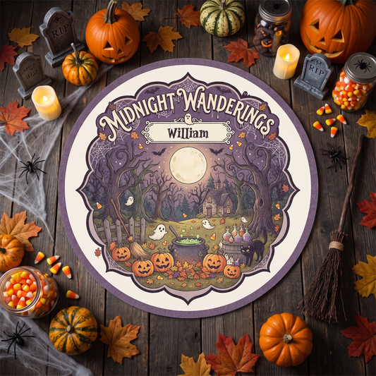 Personalized Halloween Midnight Wanderings Cauldron Pumpkin Round Rug with custom name, styled on a wood floor with pumpkins