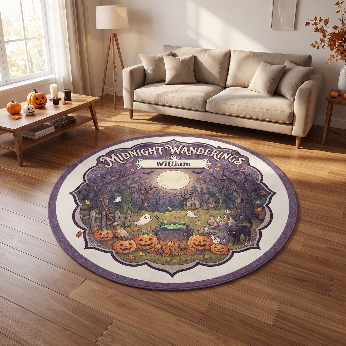 Personalized Halloween Midnight Wanderings Cauldron Pumpkin Round Rug, view 2