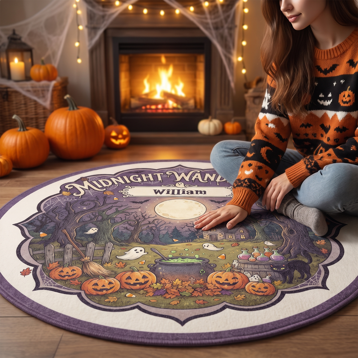 Personalized Halloween Midnight Wanderings Cauldron Pumpkin Round Rug, view 3