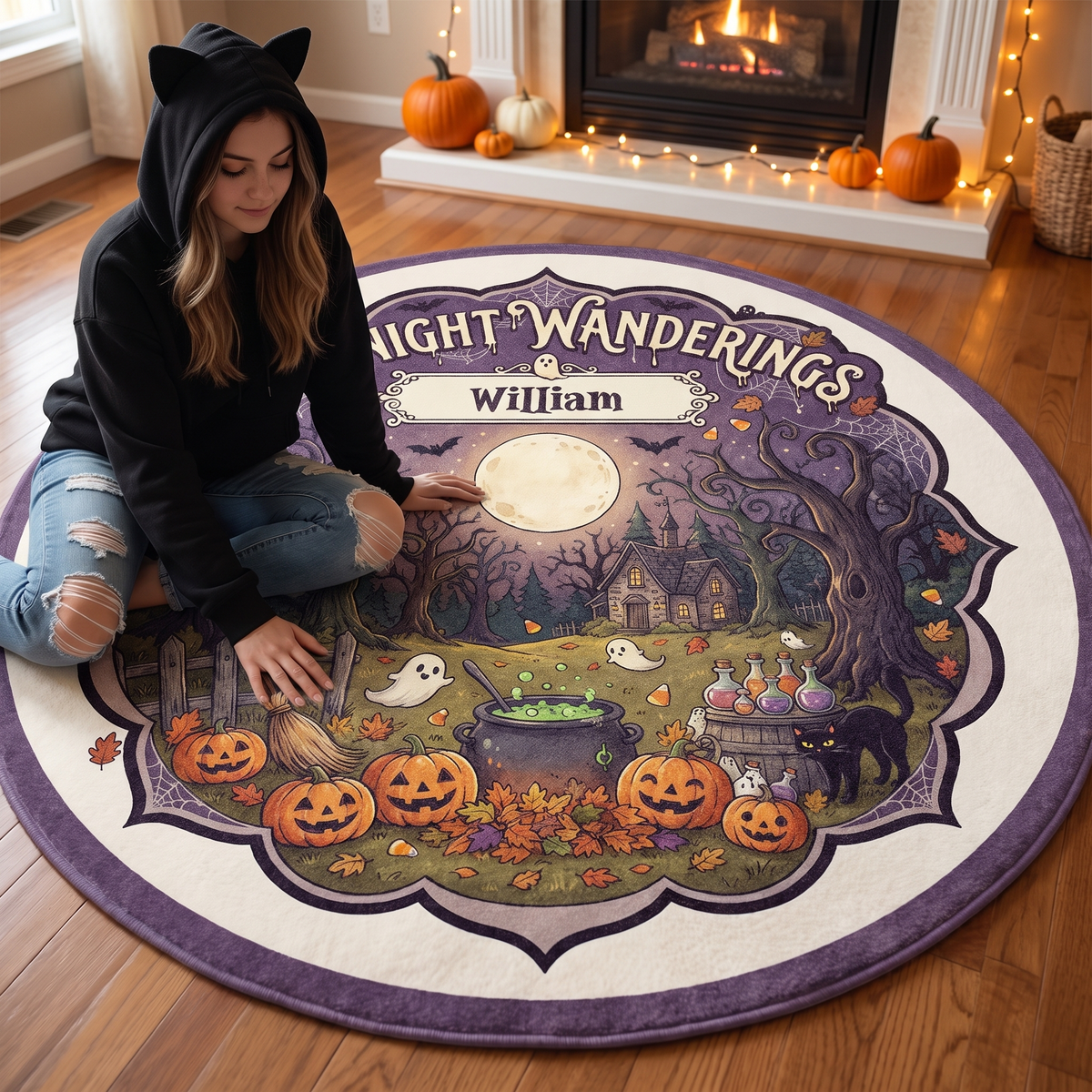 Personalized Halloween Midnight Wanderings Cauldron Pumpkin Round Rug, view 5