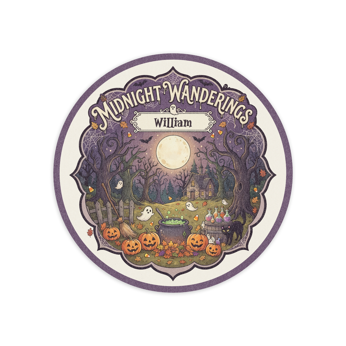 Personalized Halloween Midnight Wanderings Cauldron Pumpkin Round Rug full design view