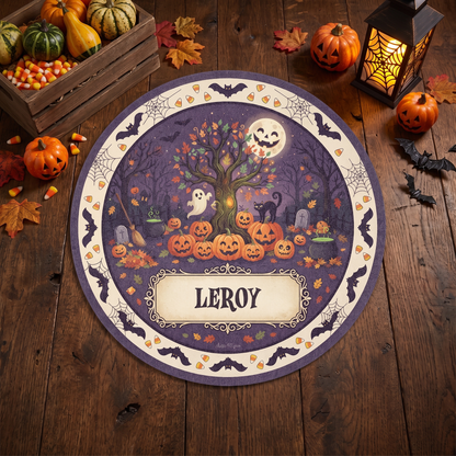 Personalized Halloween Haunted Tree Full Moon Jack O Lantern Round Rug with custom name, styled on a wood floor with pumpkins