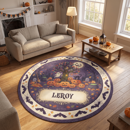 Personalized Halloween Haunted Tree Full Moon Jack O Lantern Round Rug, view 2