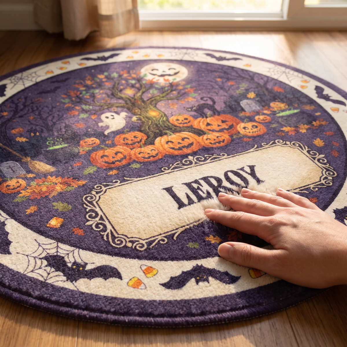 Personalized Halloween Haunted Tree Full Moon Jack O Lantern Round Rug, view 3