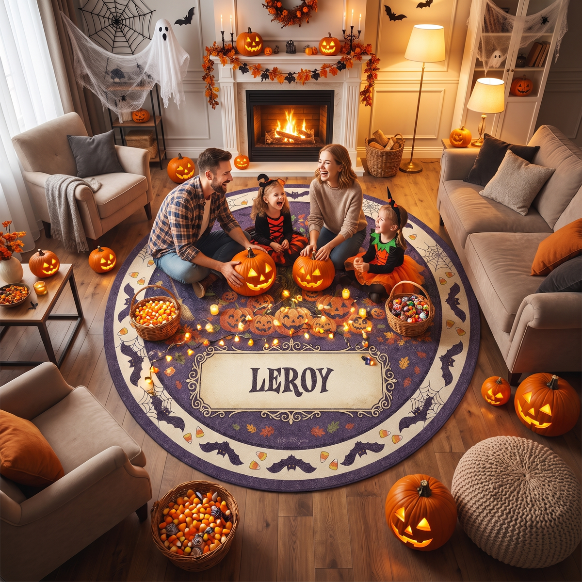 Personalized Halloween Haunted Tree Full Moon Jack O Lantern Round Rug, view 4