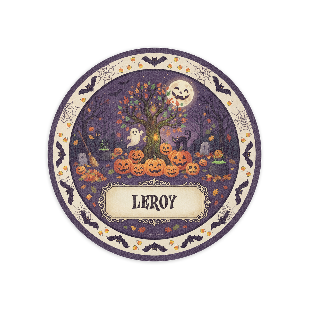 Personalized Halloween Haunted Tree Full Moon Jack O Lantern Round Rug full design view