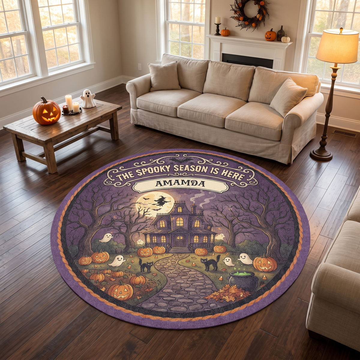Personalized Halloween The Spooky Season Is Here Haunted House Round Rug, view 2