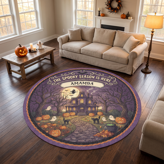 Personalized Halloween The Spooky Season Is Here Haunted House Round Rug, view 2