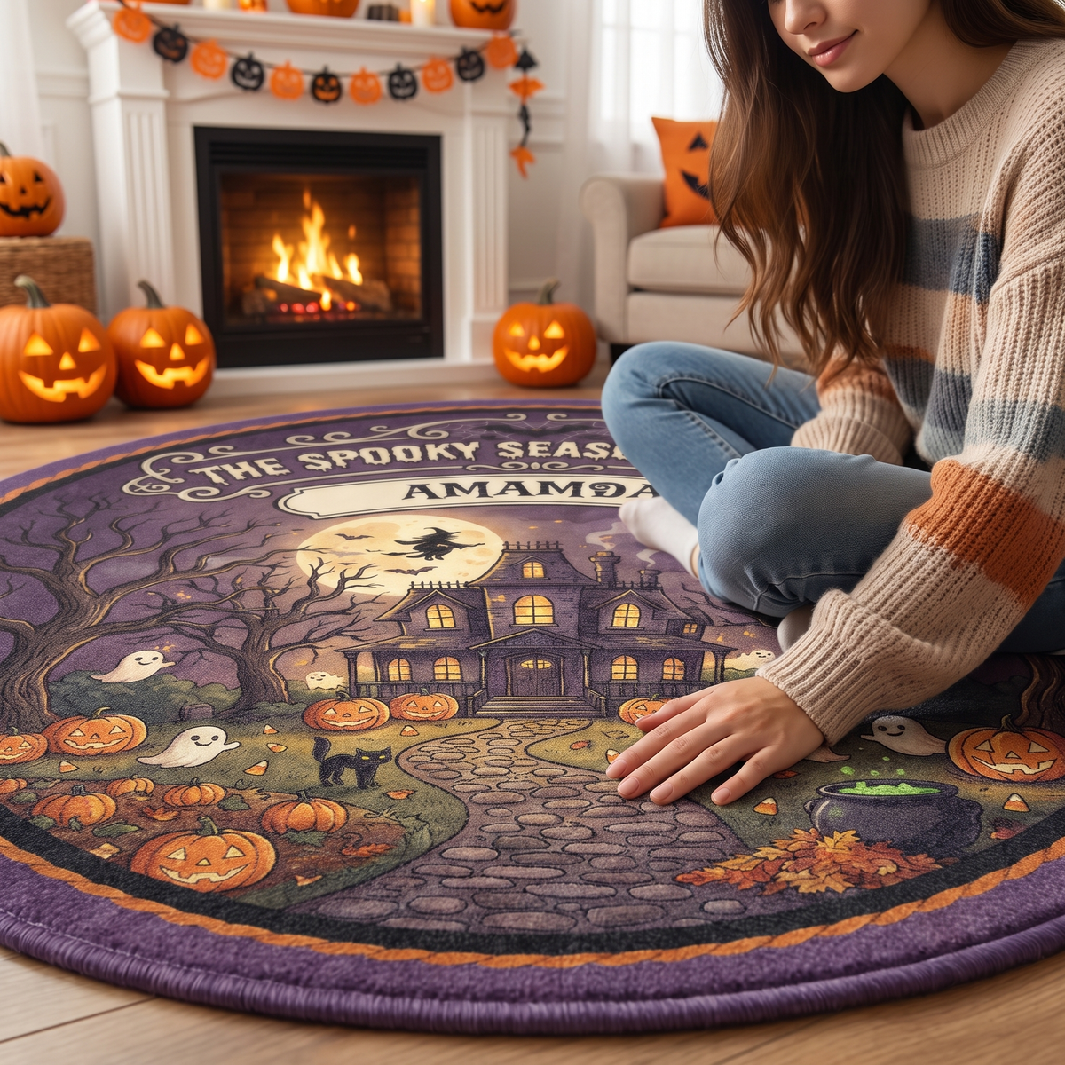 Personalized Halloween The Spooky Season Is Here Haunted House Round Rug, view 3