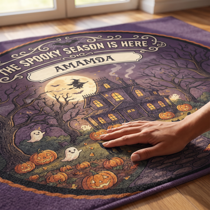 Personalized Halloween The Spooky Season Is Here Haunted House Round Rug, view 4