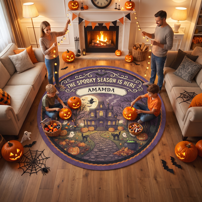 Personalized Halloween The Spooky Season Is Here Haunted House Round Rug, view 5