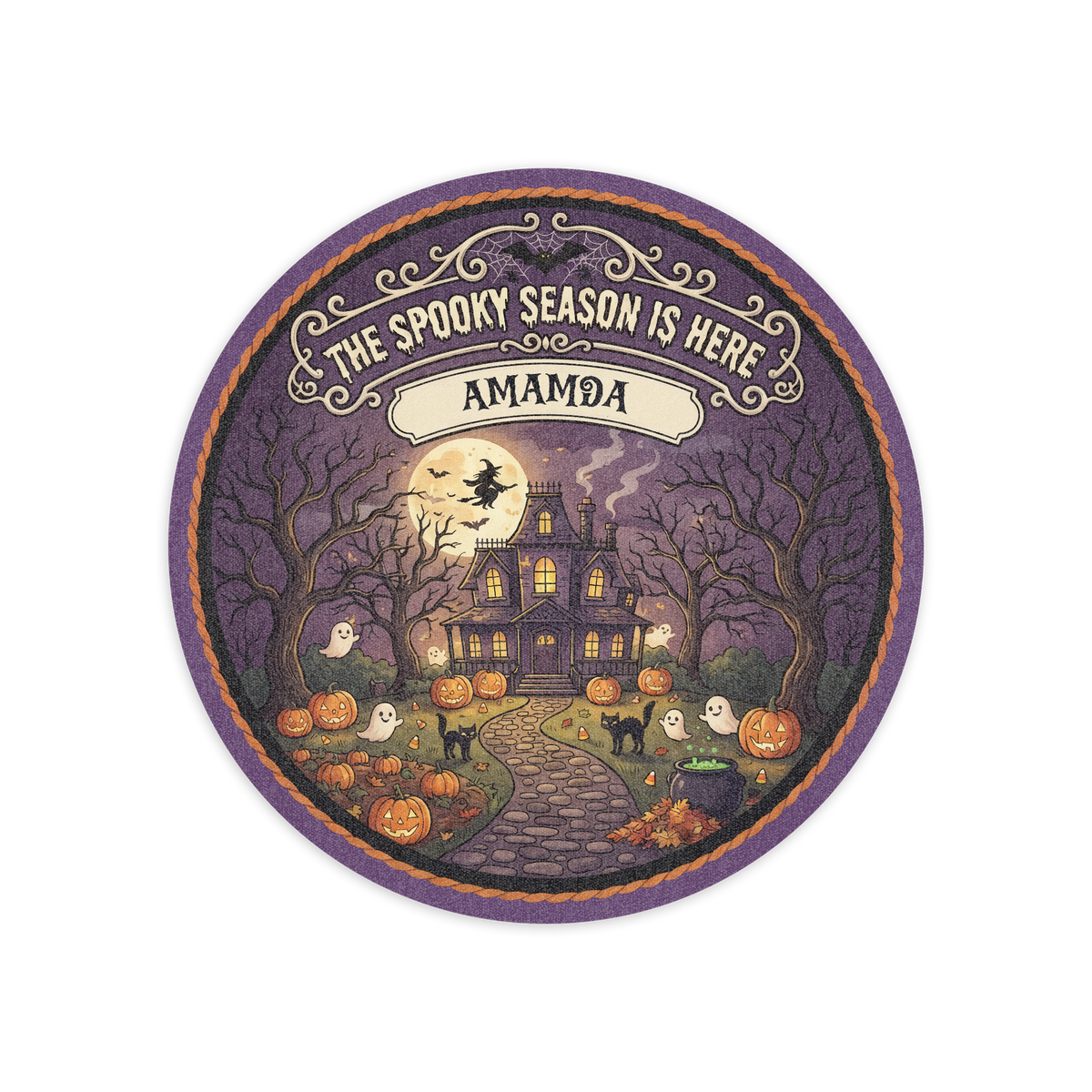 Personalized Halloween The Spooky Season Is Here Haunted House Round Rug full design view