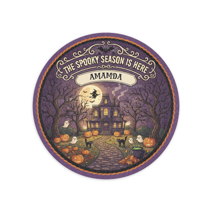 Personalized Halloween The Spooky Season Is Here Haunted House Round Rug full design view