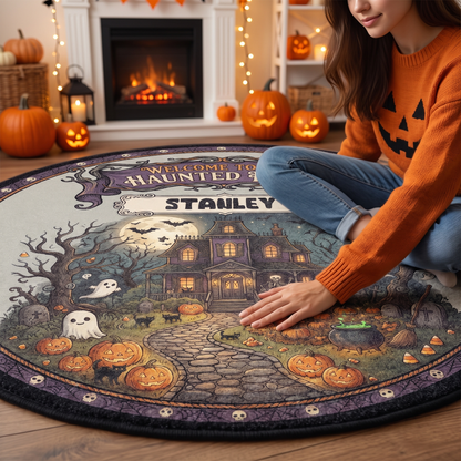 Personalized Halloween Welcome To Our Haunted Home Moonlit Manor Round Rug, view 3