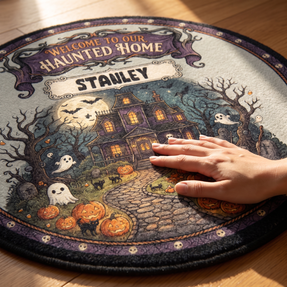 Personalized Halloween Welcome To Our Haunted Home Moonlit Manor Round Rug, view 4
