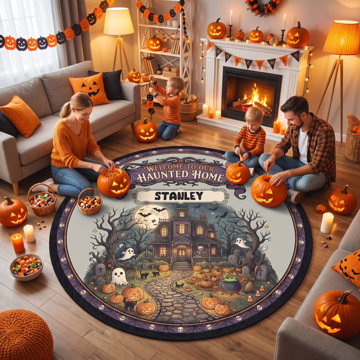 Personalized Halloween Welcome To Our Haunted Home Moonlit Manor Round Rug, view 5