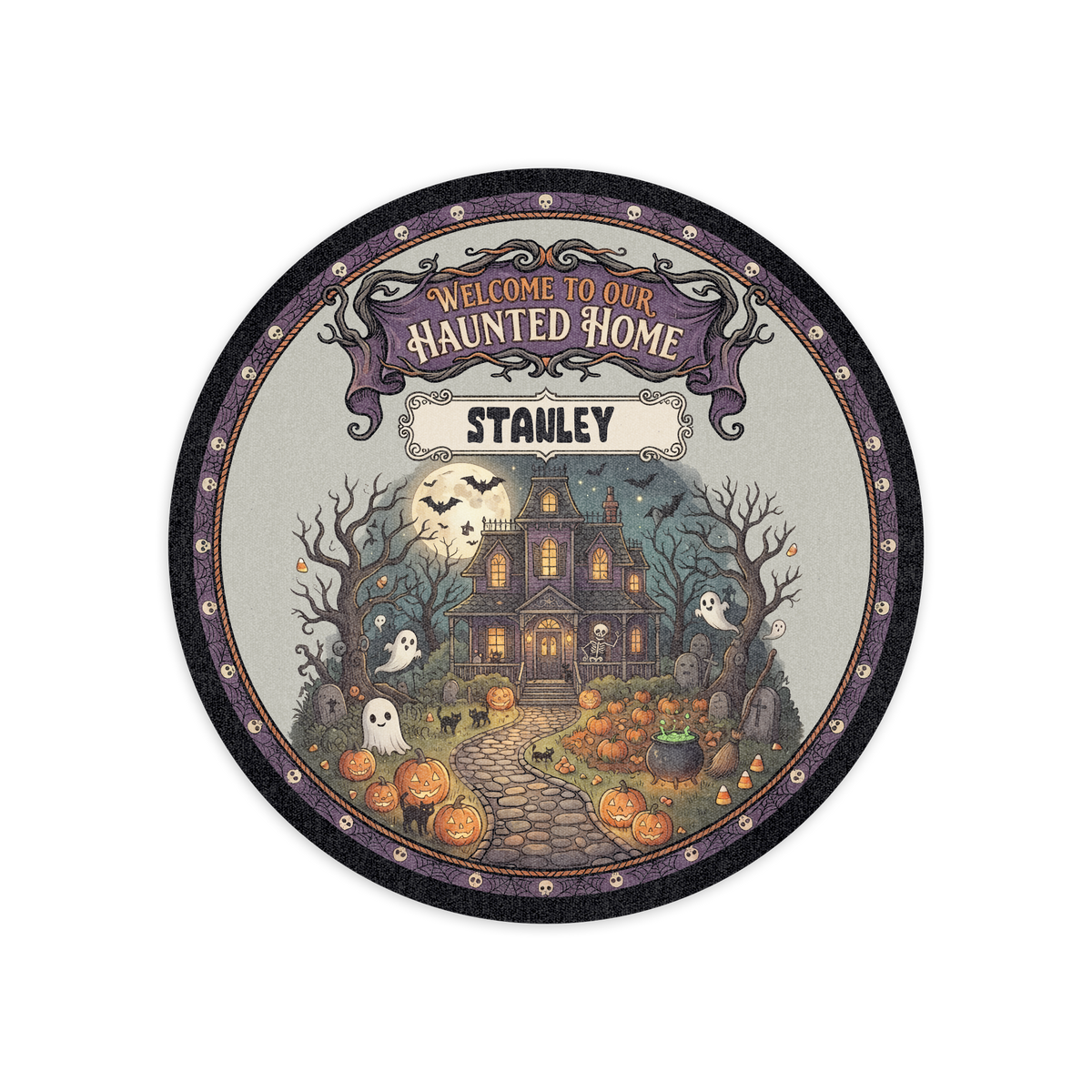 Personalized Halloween Welcome To Our Haunted Home Moonlit Manor Round Rug full design view